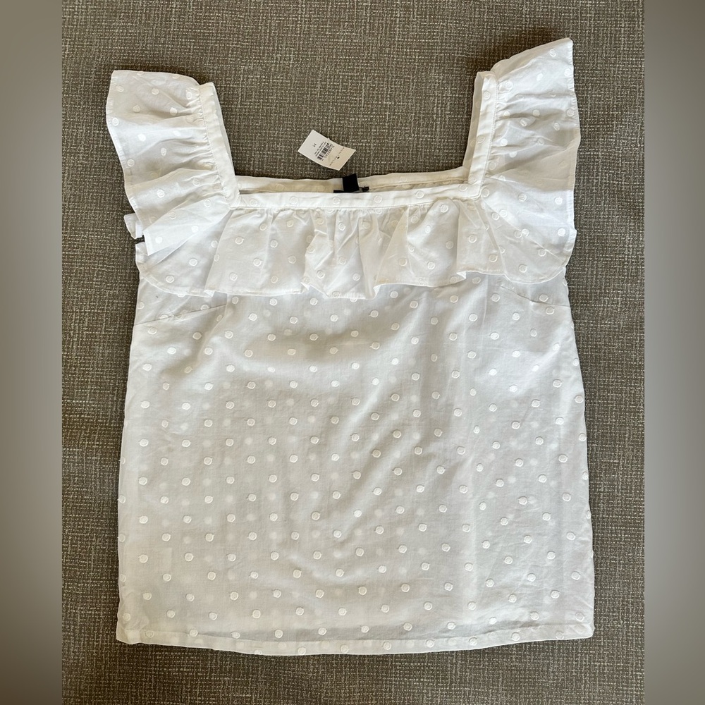 Ann Taylor White Swiss Dot Ruffle Sleeve Top Size M 100% Cotton Blouse NWT